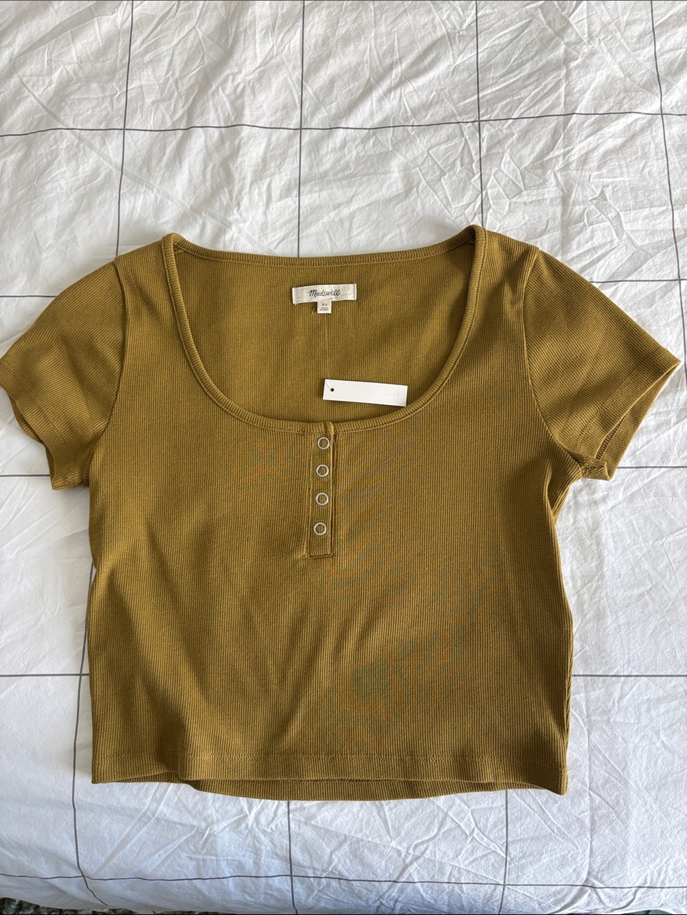 Madewell Olive-Mustard Ribbed Henley Crop Tee